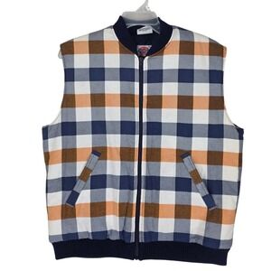 Vtg 90s Dickies Plaid Quilted Puffer Vest Mens L Navy Brown Orange Full Zip